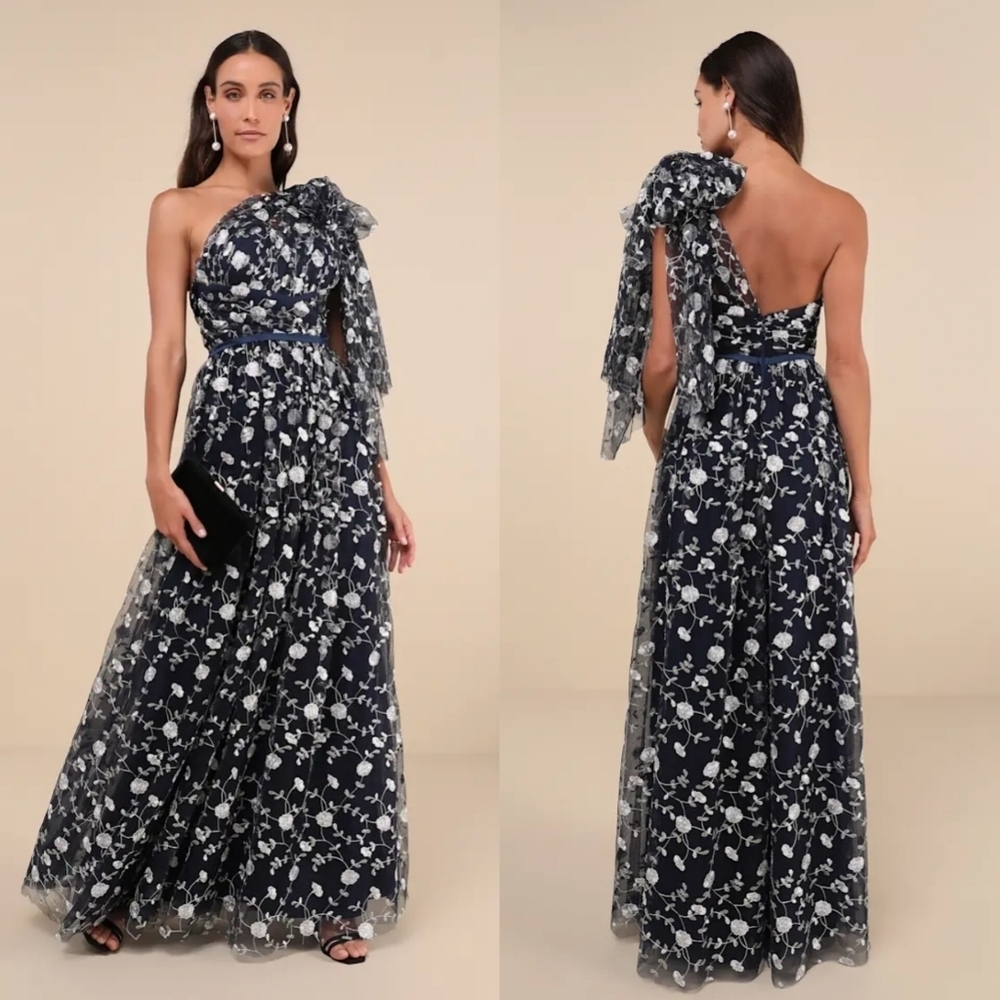 Lulus Whimsical Allure Navy Mesh Embroidered One-Shoulder Maxi Dress - Size XS